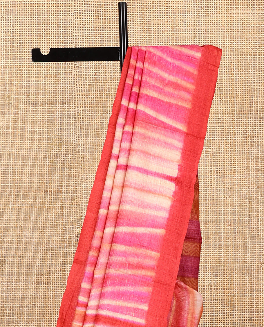 Multi-color shibori printed tussar silk saree, plain border, and pallu of temple, and chevron designs