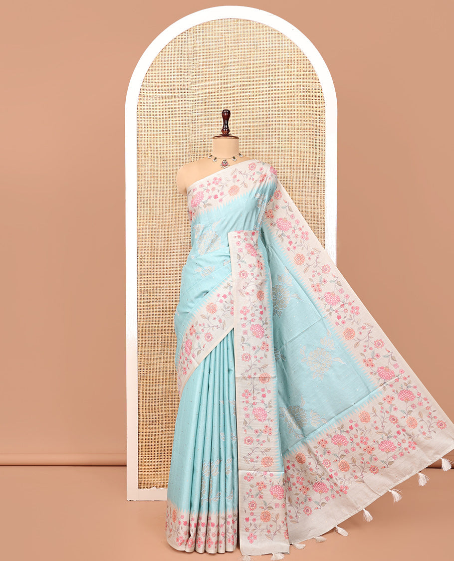 Sky Blue Fancy Tussar Silk Saree, Gleamed Up with Small Gold Buttas, and Applique Embroidery on Its Body, Complemented by a Contrast Temple Floral Creeper Printed Border, Pallu of Floral Creeper Print, and Paired with a Contrast Blouse