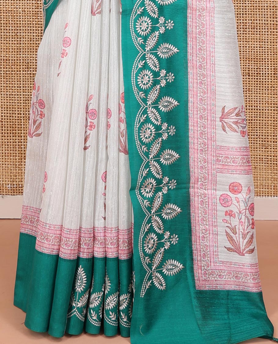 Maragatha Green Green-Silk Saree, Mesmerized with Floral Motifs, Block Print on Its Body, Complemented by a Contrast Thread Embroidered Border, Pallu of Floral Block Print, and Paired with a Contrast Blouse