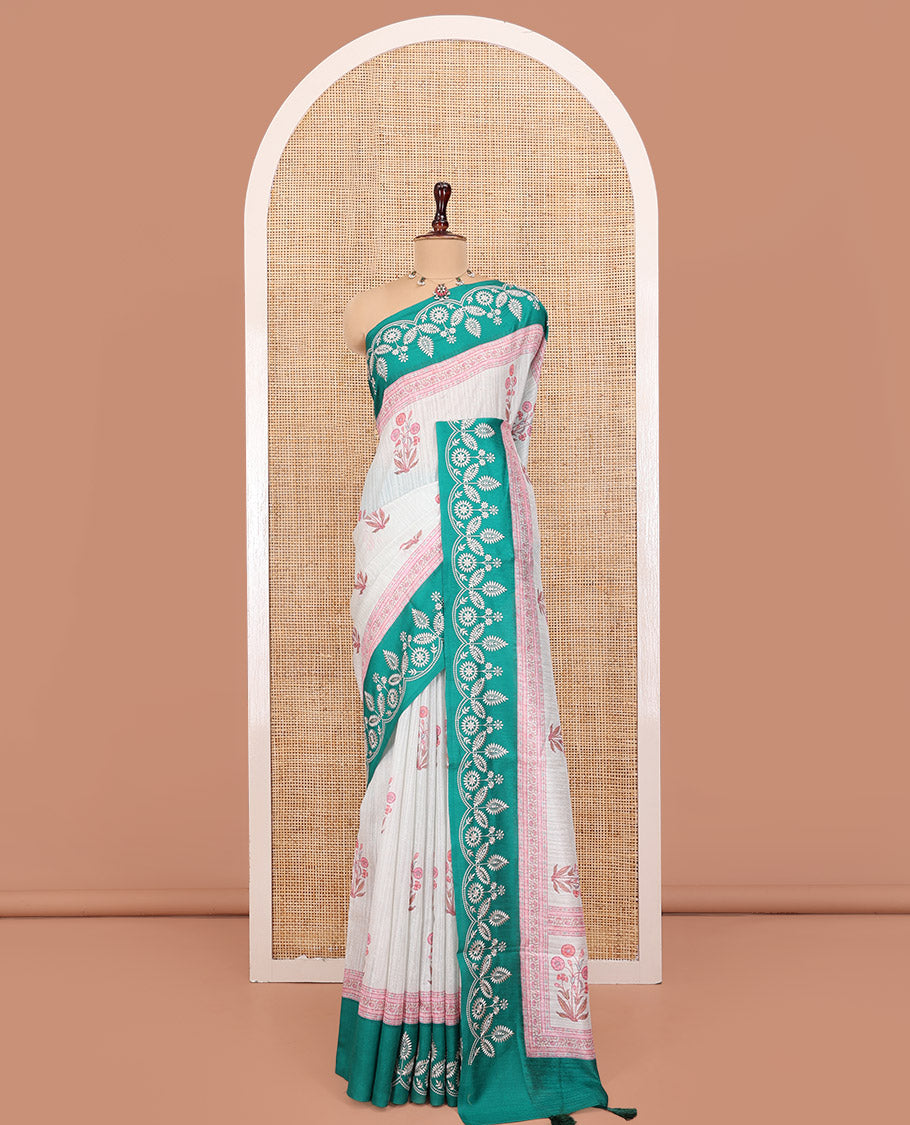 Maragatha Green Green-Silk Saree, Mesmerized with Floral Motifs, Block Print on Its Body, Complemented by a Contrast Thread Embroidered Border, Pallu of Floral Block Print, and Paired with a Contrast Blouse