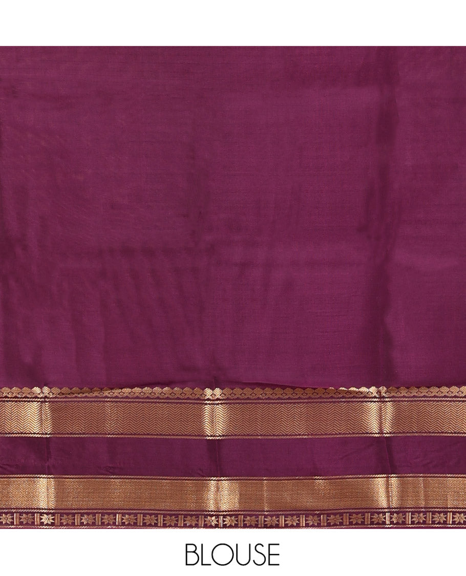 Mehendi Green-Magenta Vasundhara Lite Silk Mix Saree, Enriched with Zari Buttas, Complemented by Contrast Rettai Pettu Border of Salangai, Vanki, Mayil Kann, and Star Vanki Designs, Intricately Designed Pallu, and Paired with a Contrast Blouse