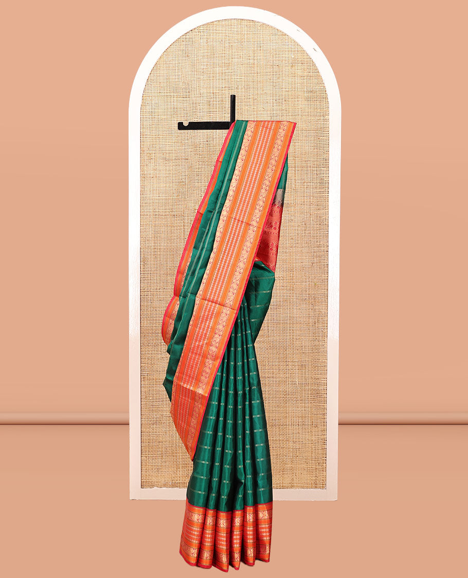 Green-Dark Pink Striped Vasundhara Lite Silk Mix Saree, Contrast Manga-Mayil Border, Contrast Blouse