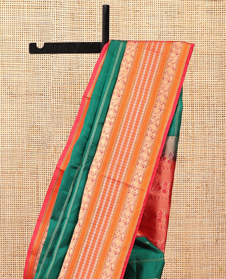 Green-Dark Pink Striped Vasundhara Lite Silk Mix Saree, Contrast Manga-Mayil Border, Contrast Blouse