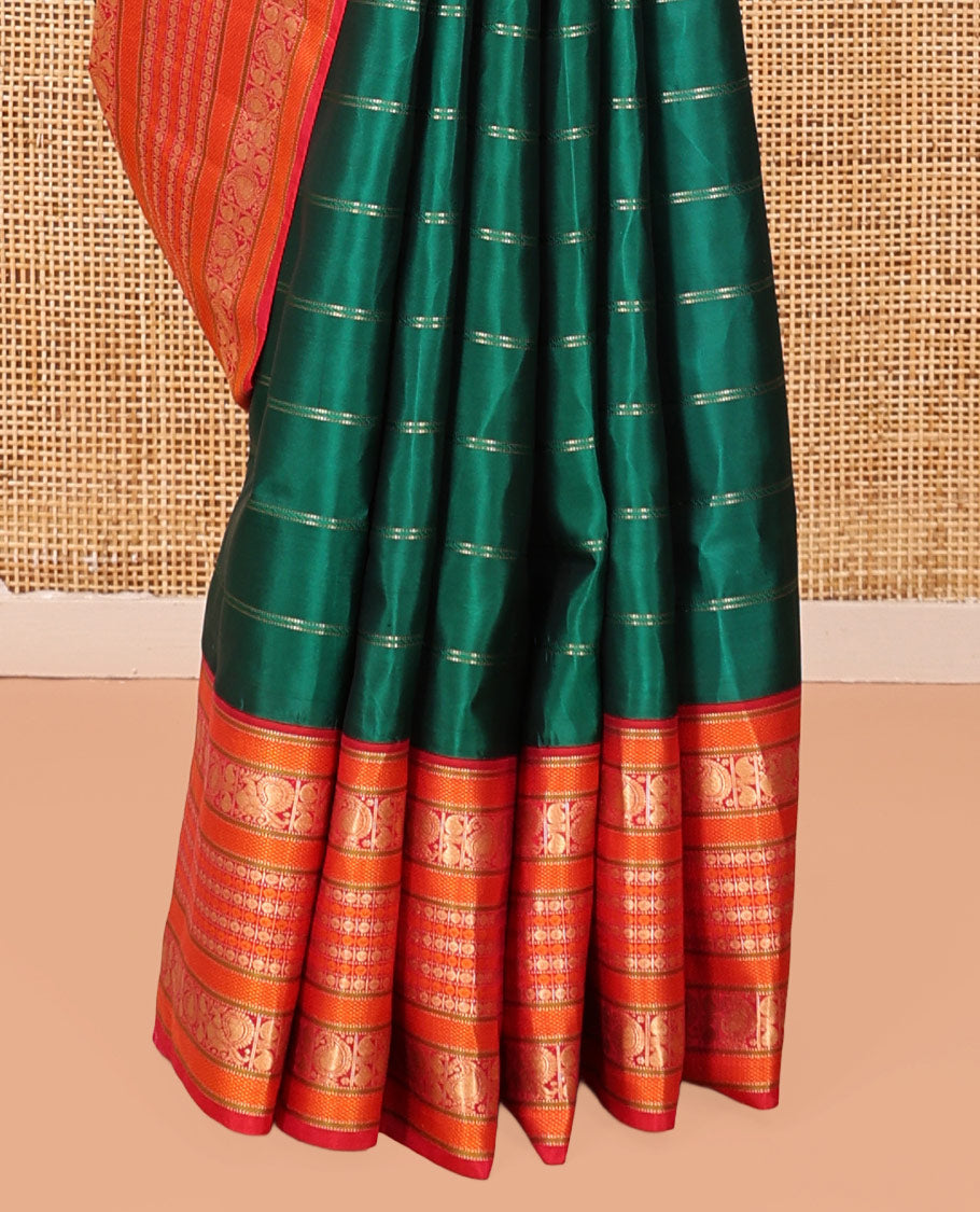 Green-Dark Pink Striped Vasundhara Lite Silk Mix Saree, Contrast Manga-Mayil Border, Contrast Blouse