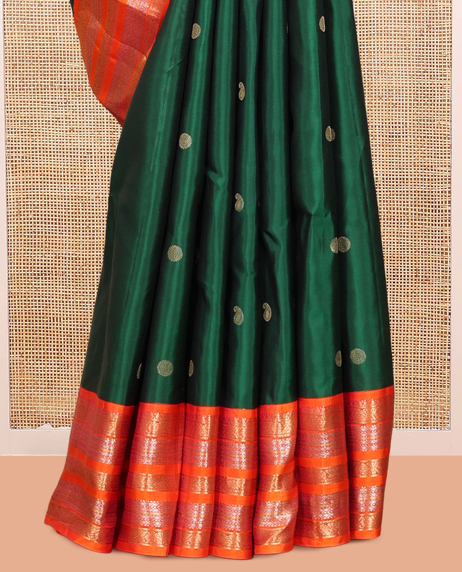 Green Manga-Chakra Buttas Vasundhara Silk Saree, Contrast Traditional Border, and Contrast Blouse