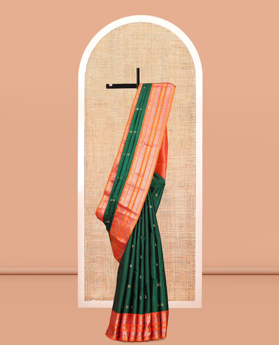Green Manga-Chakra Buttas Vasundhara Silk Saree, Contrast Traditional Border, and Contrast Blouse