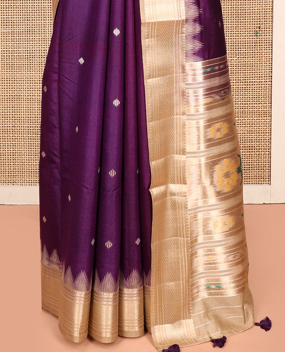 Purple Dupion Silk Saree, Mesmerized with Buttas on Its Body, Complemented by Contrast Traditional Temple Border, Ikat-Style Pallu, and a Contrast Blouse