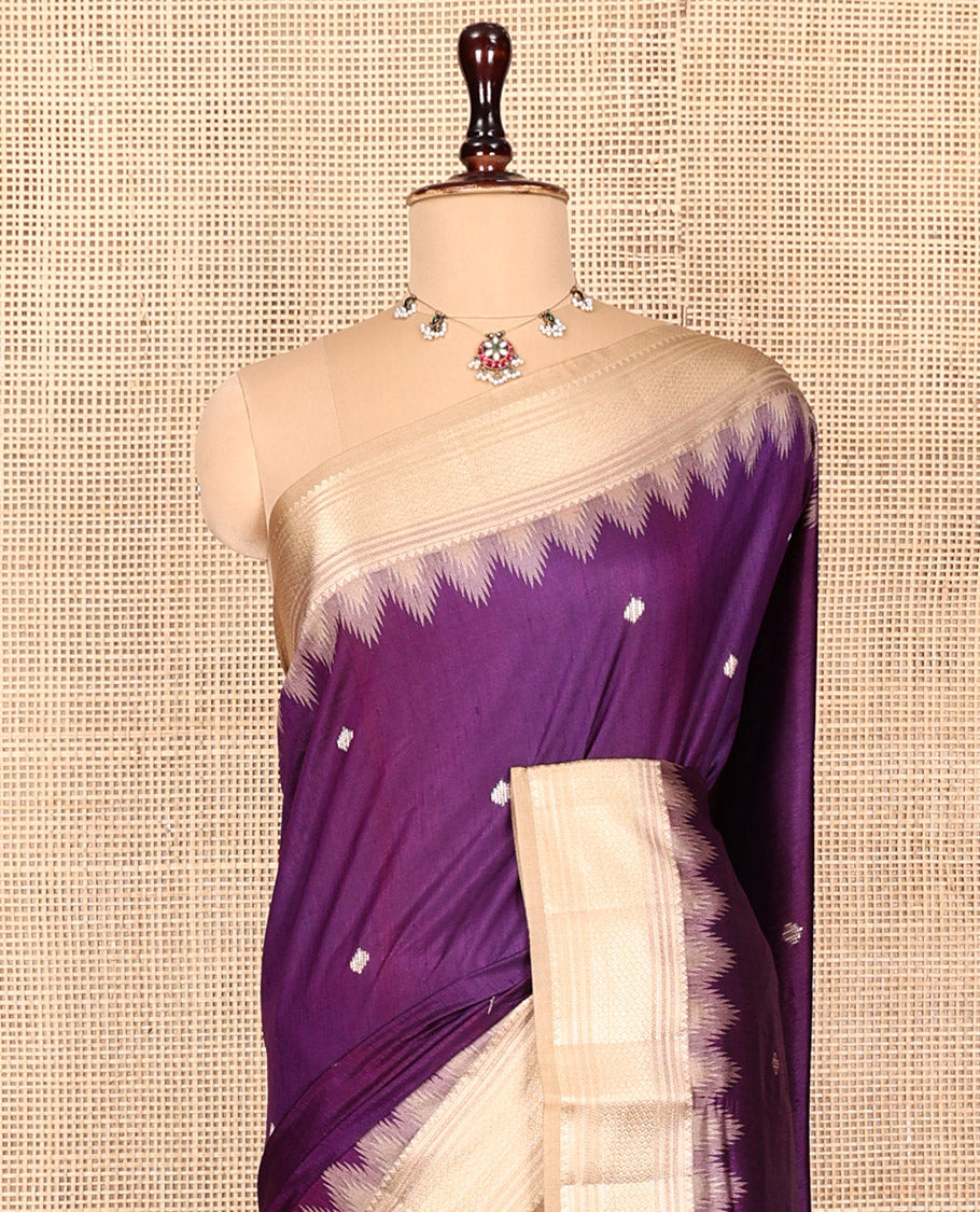Purple Dupion Silk Saree, Mesmerized with Buttas on Its Body, Complemented by Contrast Traditional Temple Border, Ikat-Style Pallu, and a Contrast Blouse
