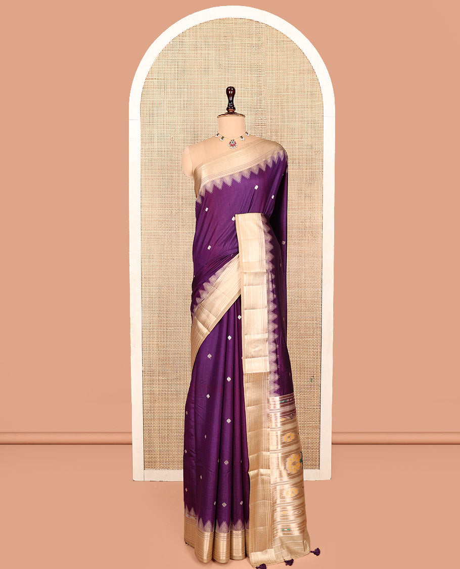 Purple Dupion Silk Saree, Mesmerized with Buttas on Its Body, Complemented by Contrast Traditional Temple Border, Ikat-Style Pallu, and a Contrast Blouse