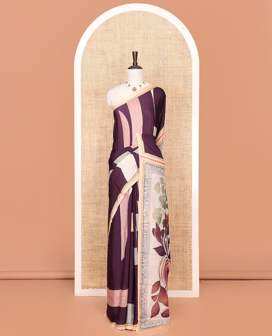 Purple Georgette Saree Accentuated with Geometric Pattern Print, Complemented by a Contrast Border, Pallu Adorned with Floral Print, and Paired with a Subtle Striped Blouse