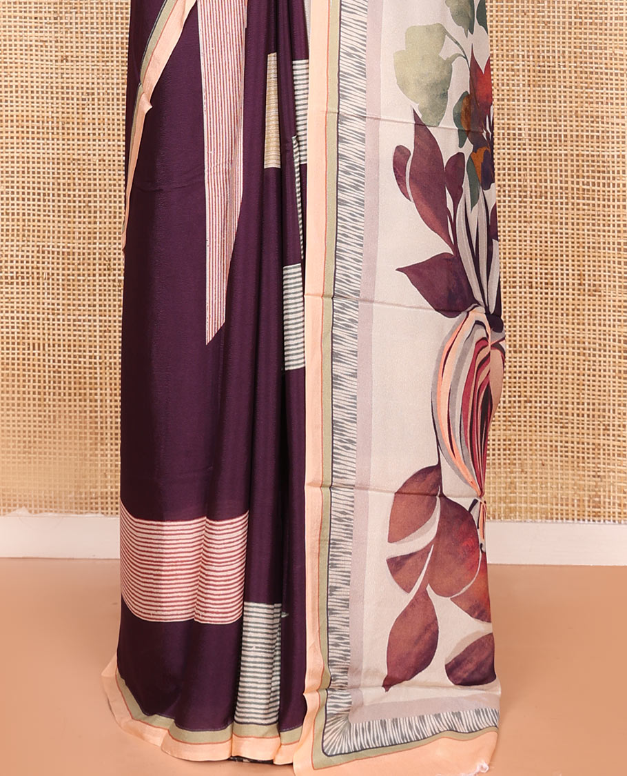 Purple Georgette Saree Accentuated with Geometric Pattern Print, Complemented by a Contrast Border, Pallu Adorned with Floral Print, and Paired with a Subtle Striped Blouse