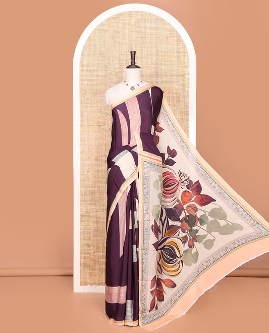 Purple Georgette Saree Accentuated with Geometric Pattern Print, Complemented by a Contrast Border, Pallu Adorned with Floral Print, and Paired with a Subtle Striped Blouse