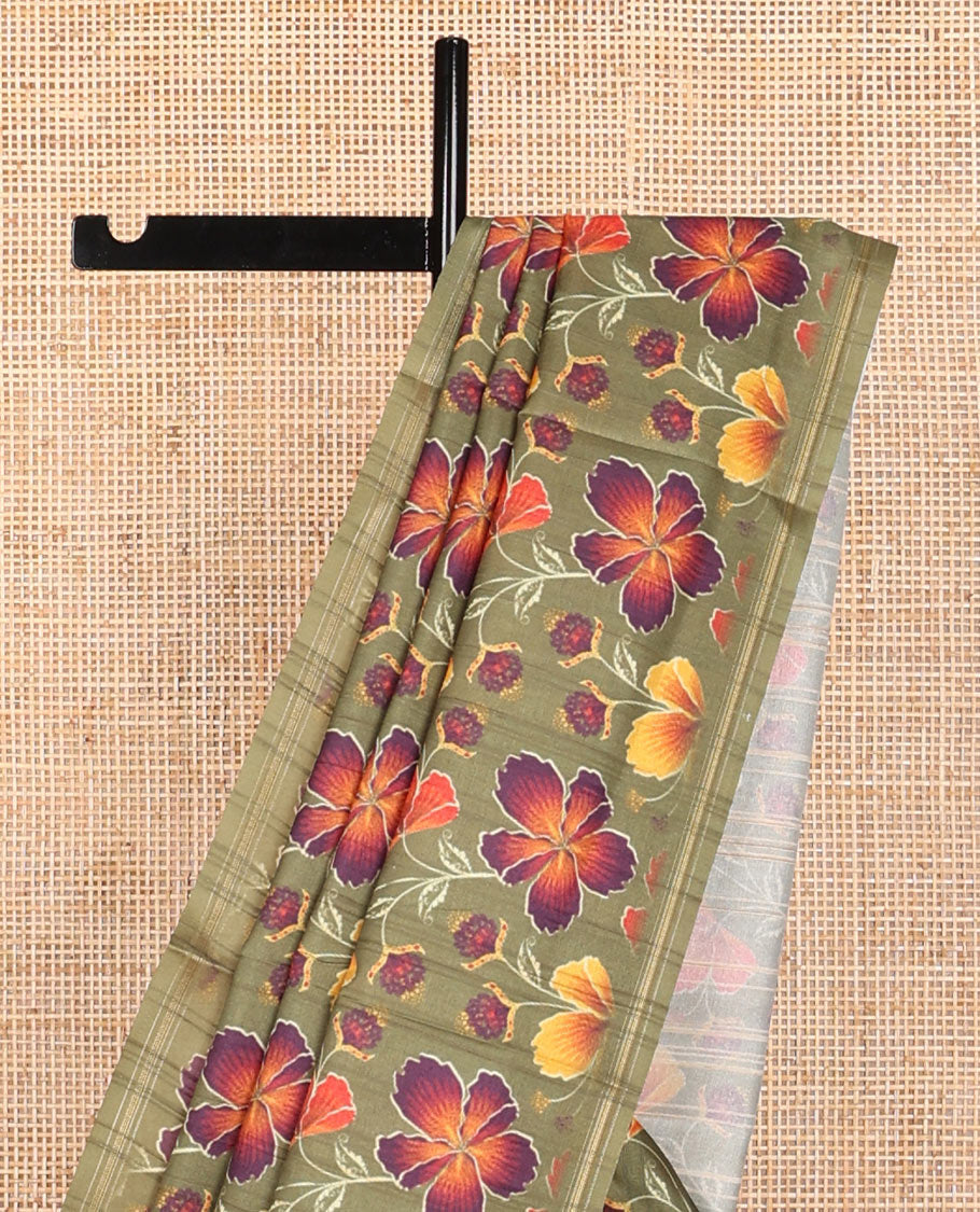 Borderless green floral print kamala silk saree with plain blouse