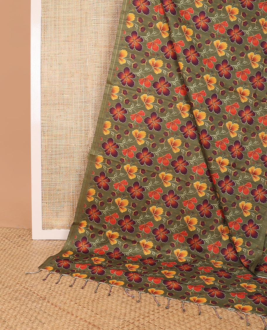 Borderless green floral print kamala silk saree with plain blouse