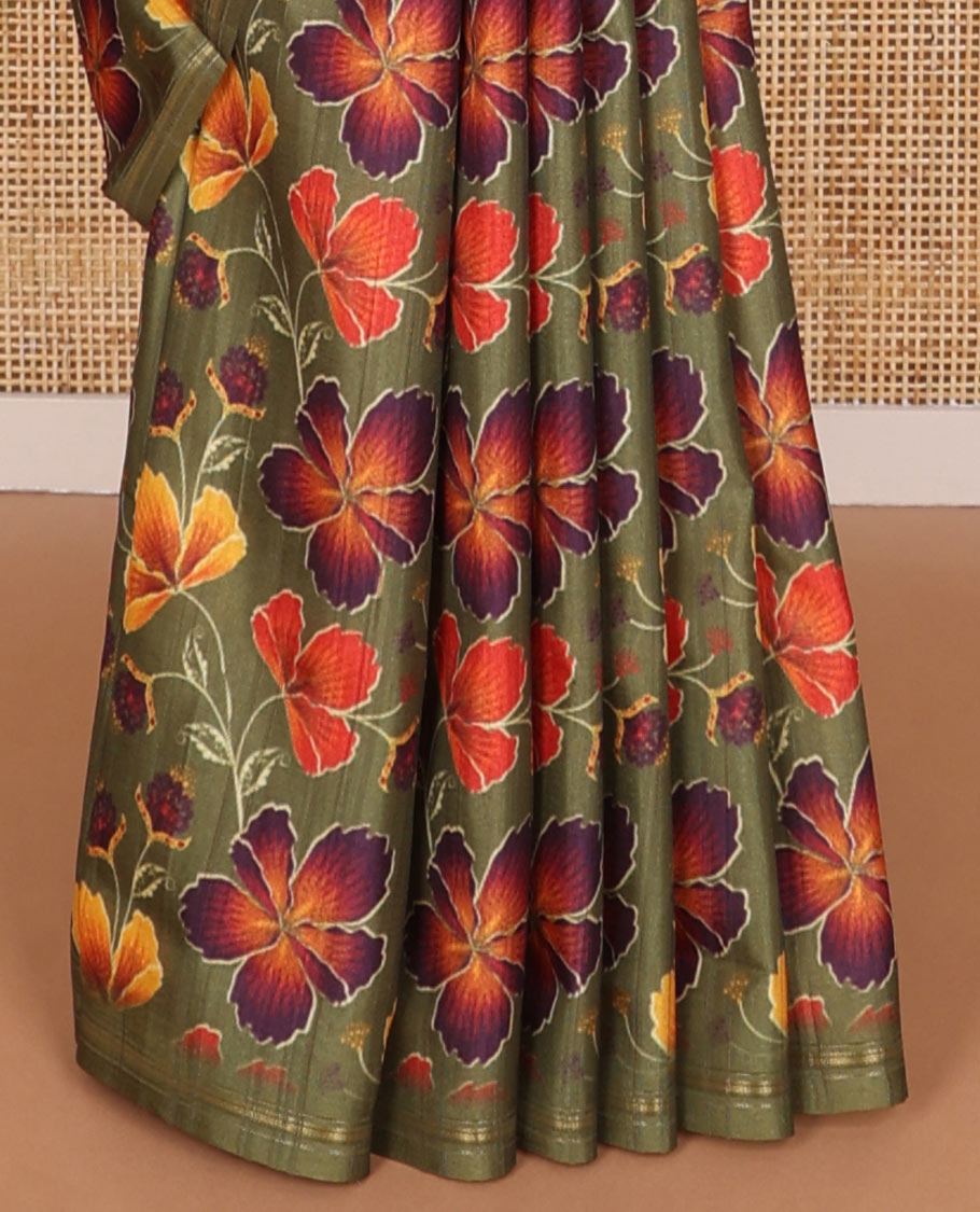 Borderless green floral print kamala silk saree with plain blouse
