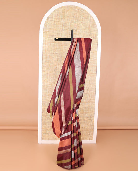 Borderless maroon striped kanchipuram designer silk saree with zari design pallu
