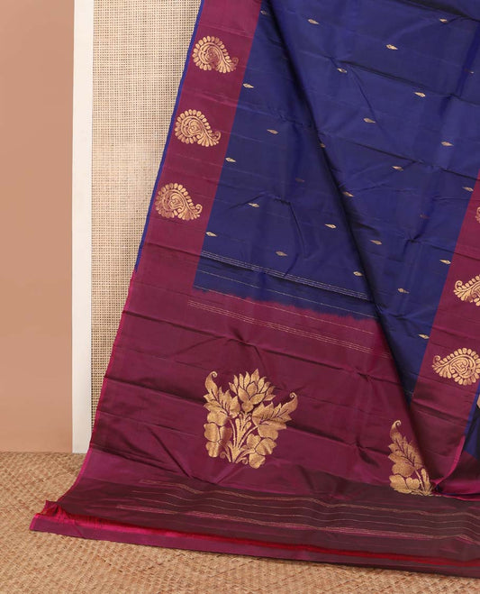 Dark blue buttas kancheepuram silk saree with contrast manga design border & floral design pallu