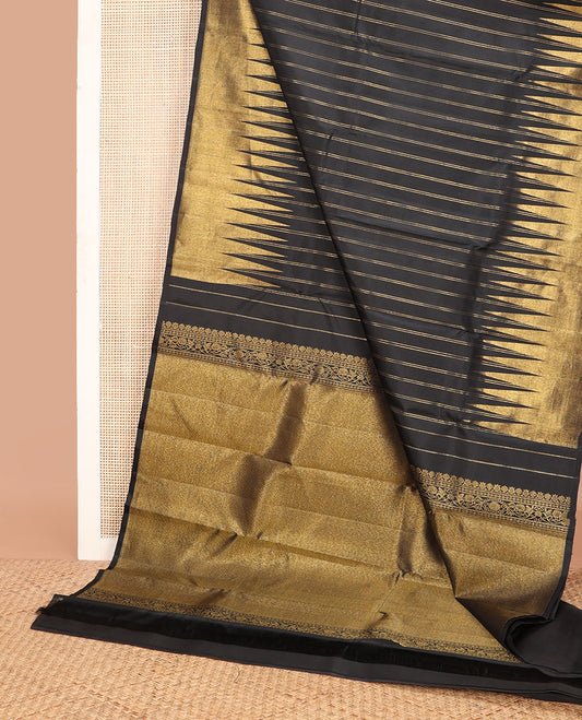 Black zari striped Kanchipuram designer silk saree, zari-enriched temple border and getti zari woven pallu of kodi visiry