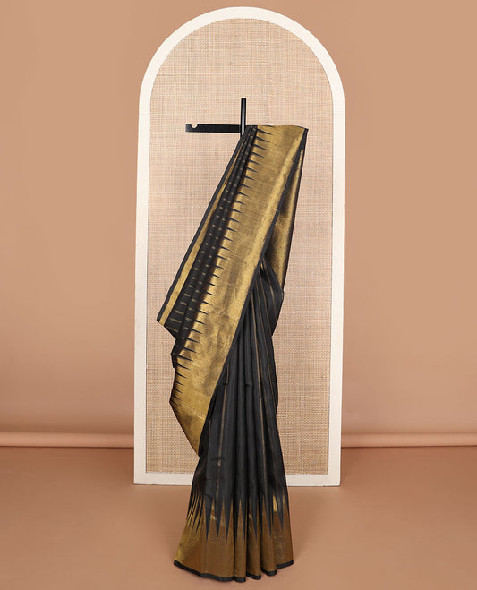 Black zari striped Kanchipuram designer silk saree, zari-enriched temple border and getti zari woven pallu of kodi visiry
