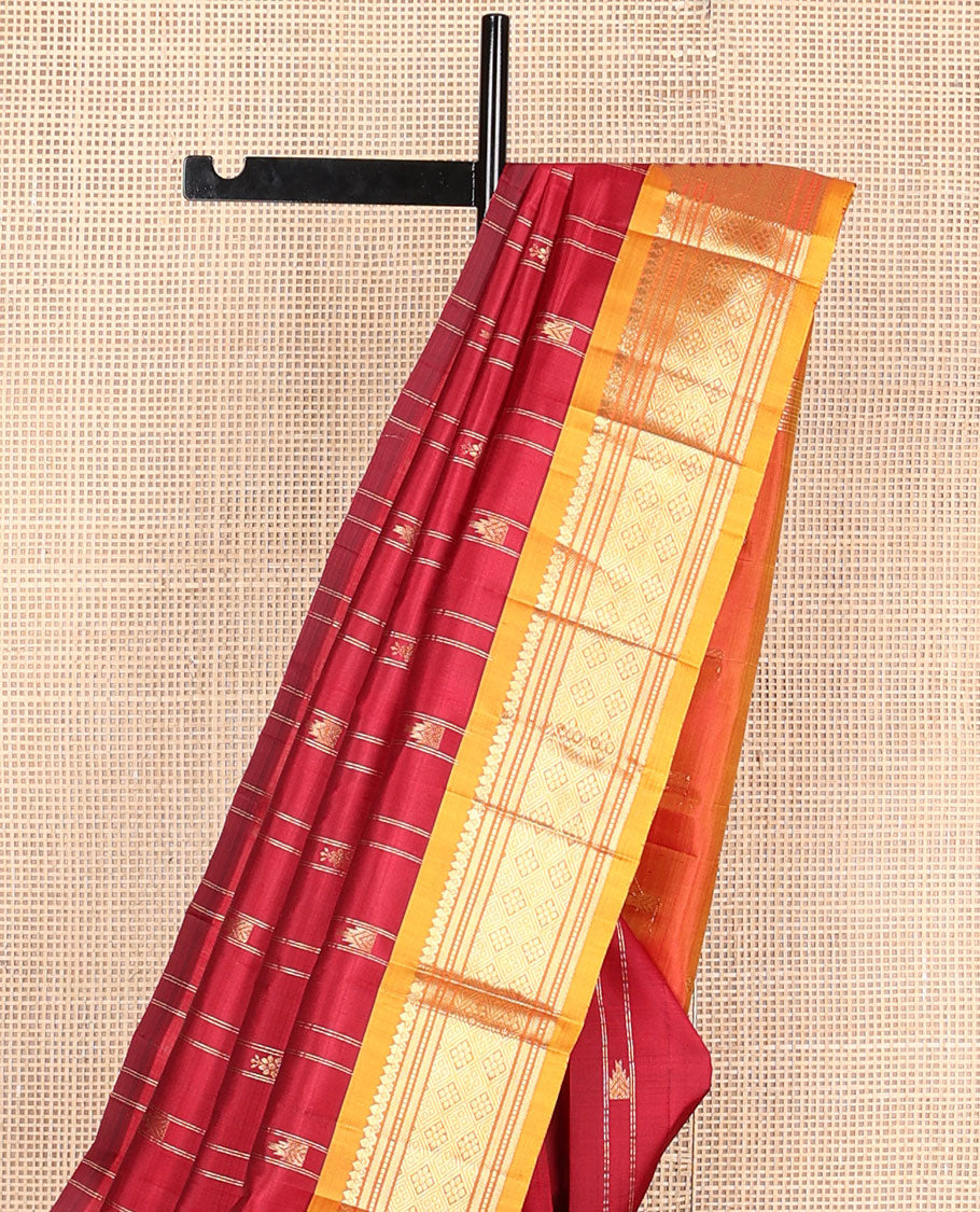 Red rekku buttas kanchipuram silksaree, contrast one-sided border of salngai,muthu,banaras & jaal designs & zari design pallu