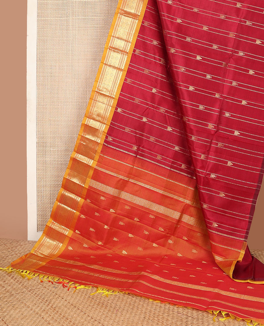 Red rekku buttas kanchipuram silksaree, contrast one-sided border of salngai,muthu,banaras & jaal designs & zari design pallu