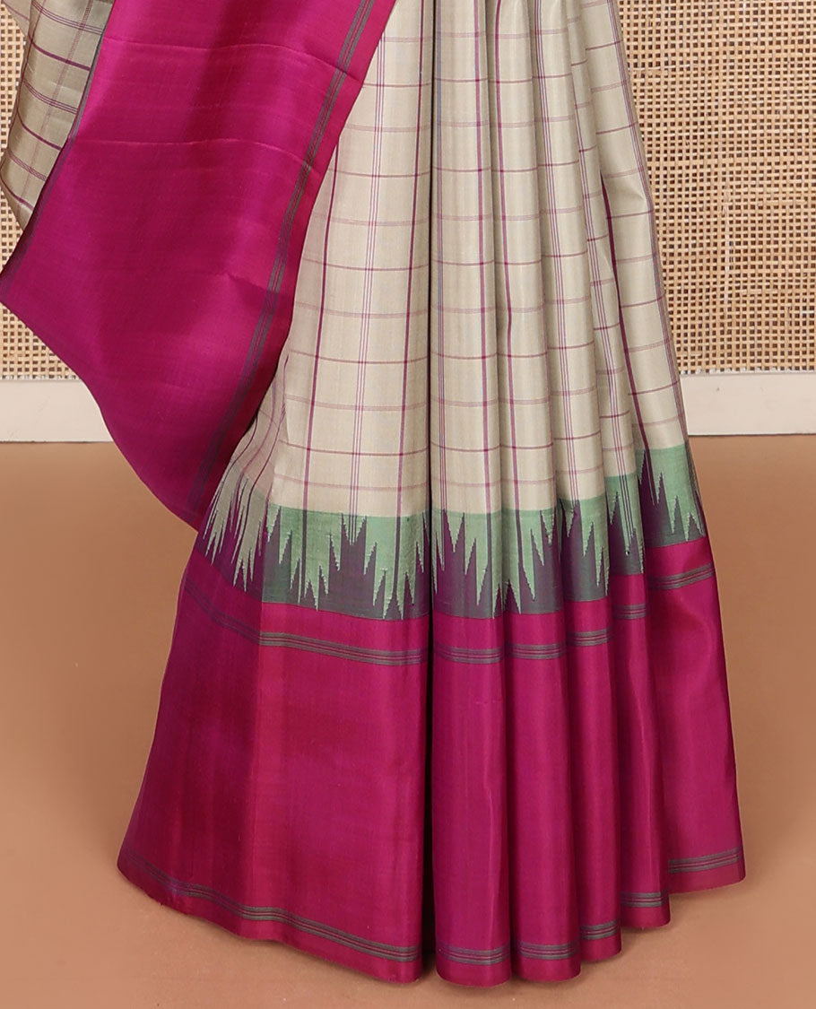 Beige checked kanchipuram silk saree, contrast thazampoo rekku rettai pettu border & pallu of thazampoo rekku & stripes