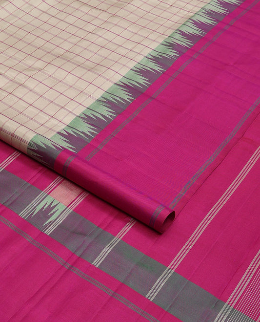 Beige checked kanchipuram silk saree, contrast thazampoo rekku rettai pettu border & pallu of thazampoo rekku & stripes