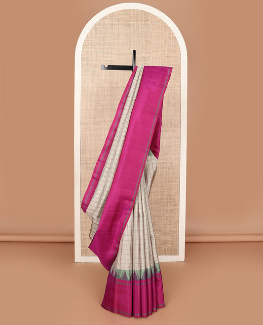Beige checked kanchipuram silk saree, contrast thazampoo rekku rettai pettu border & pallu of thazampoo rekku & stripes