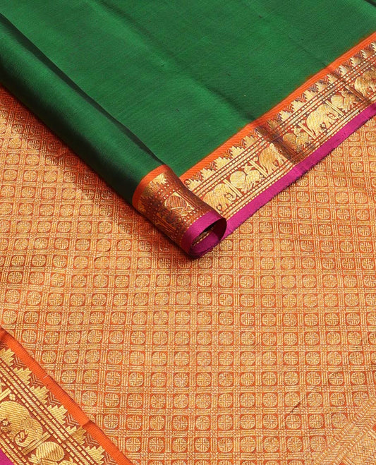 Green mayil buttas silk saree, contrast border of thazampoo rekku,banaras,muthu,mayil & yaanai & pallu of rudraksham designs