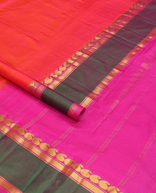 Pink striped Kanchipuram silk saree, contrast ganga jamuna rettai pettu border of manga, banaras, and mayil kann designs, and zari striped pallu