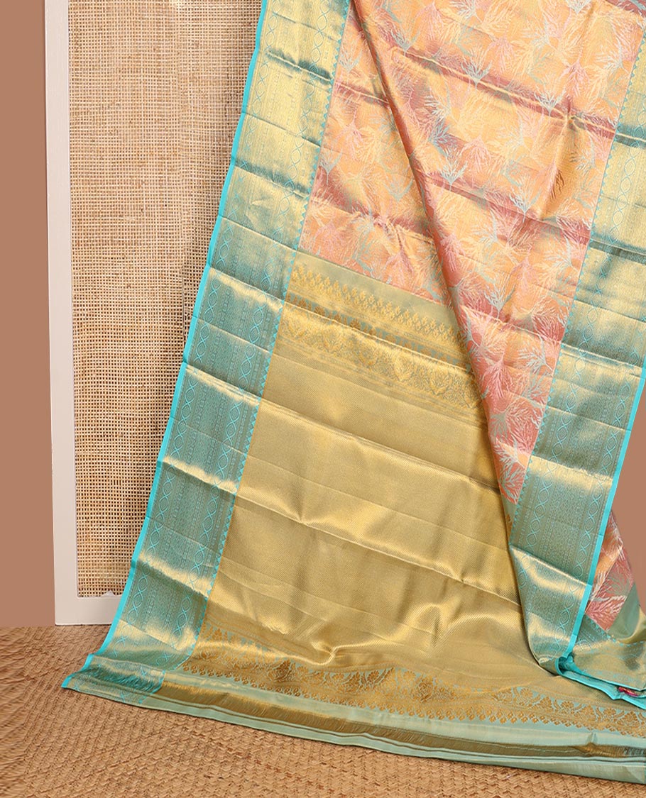 Pink Kanchipuram Tissue Silk Saree, Vibrantly Woven with Jacquard Design on Its Body, Complemented by a Contrast Border of Thilakam Mokku, Laddu Kamalam, and Zari Designs, Gleaming Zari Striped Pallu, and Paired with a Contrast Blouse