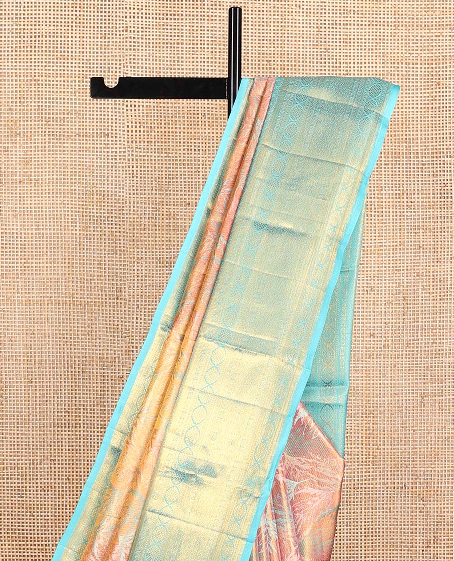 Pink Kanchipuram Tissue Silk Saree, Vibrantly Woven with Jacquard Design on Its Body, Complemented by a Contrast Border of Thilakam Mokku, Laddu Kamalam, and Zari Designs, Gleaming Zari Striped Pallu, and Paired with a Contrast Blouse