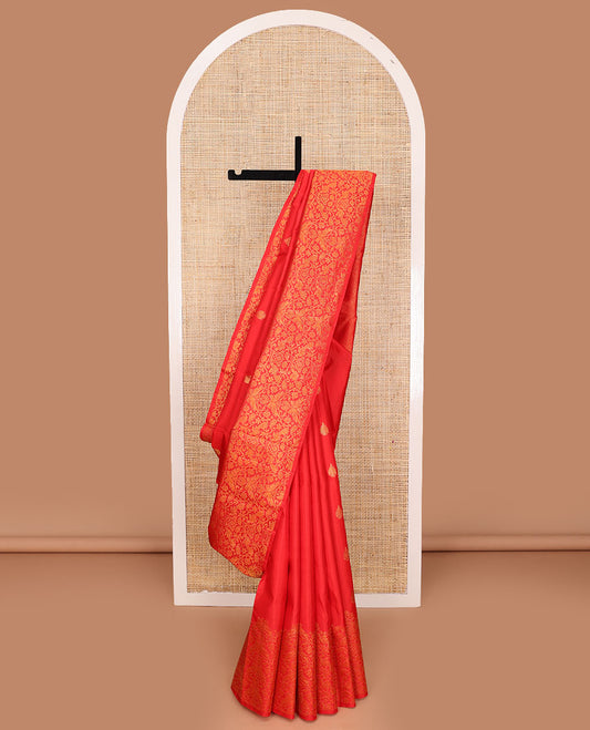 Red zari buttas Kanchipuram silk saree, floral, paisley and peacock jaal style zari woven border, and zari-rich jaal pallu