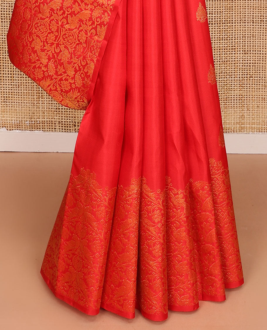 Red zari buttas Kanchipuram silk saree, floral, paisley and peacock jaal style zari woven border, and zari-rich jaal pallu