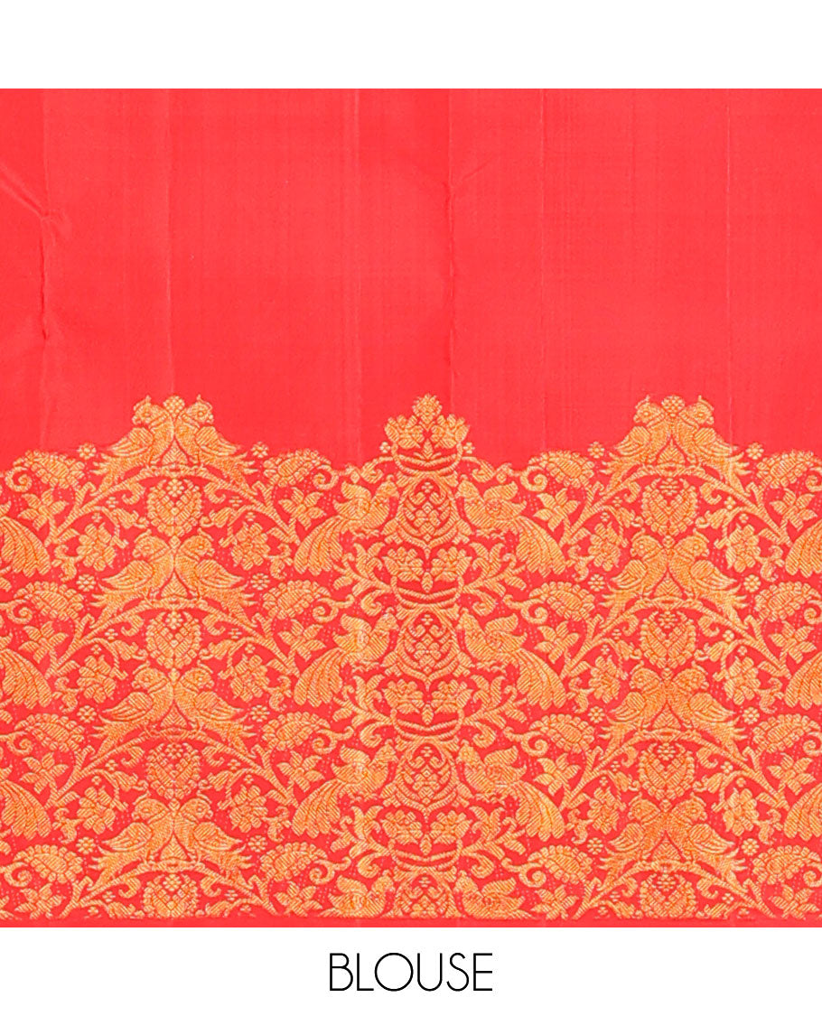 Red zari buttas Kanchipuram silk saree, floral, paisley and peacock jaal style zari woven border, and zari-rich jaal pallu
