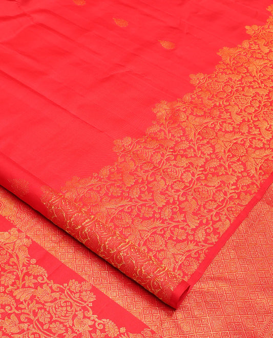 Red zari buttas Kanchipuram silk saree, floral, paisley and peacock jaal style zari woven border, and zari-rich jaal pallu