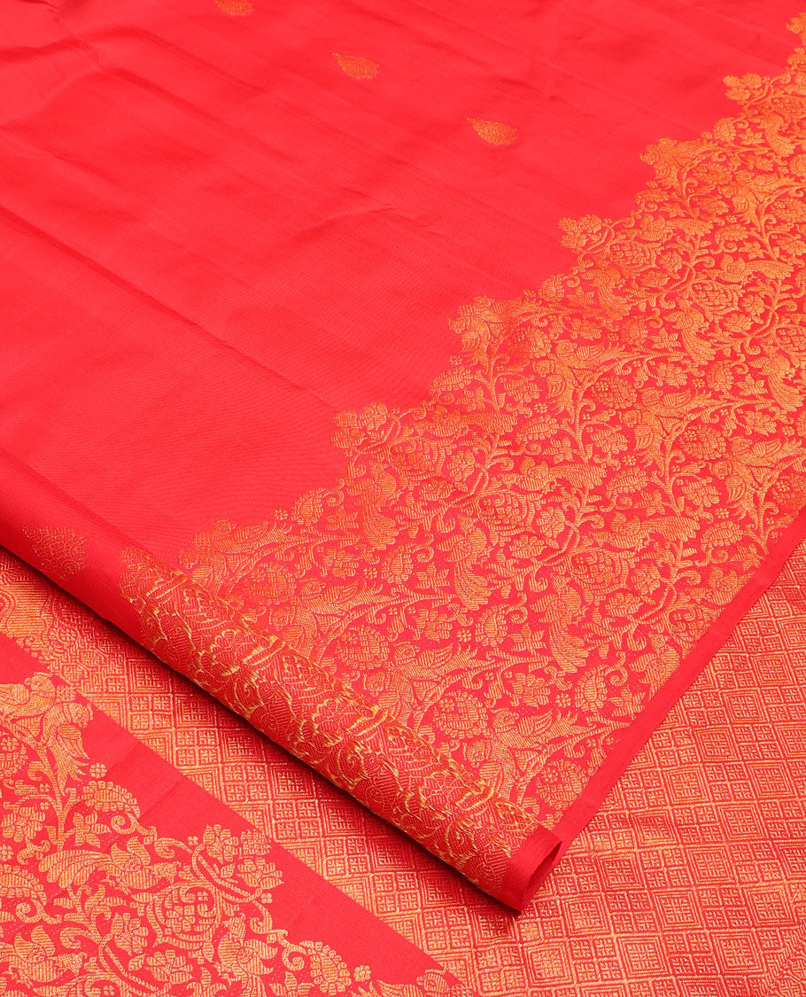Red zari buttas Kanchipuram silk saree, floral, paisley and peacock jaal style zari woven border, and zari-rich jaal pallu