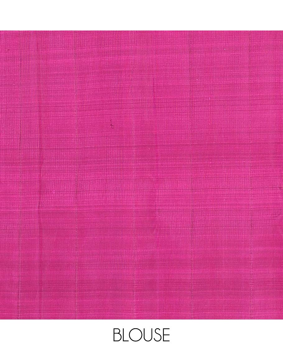 Borderless green and rani pink mayil chakram, and manga motifs Kanchipuram designer saree, zari-rich traditional designs pallu