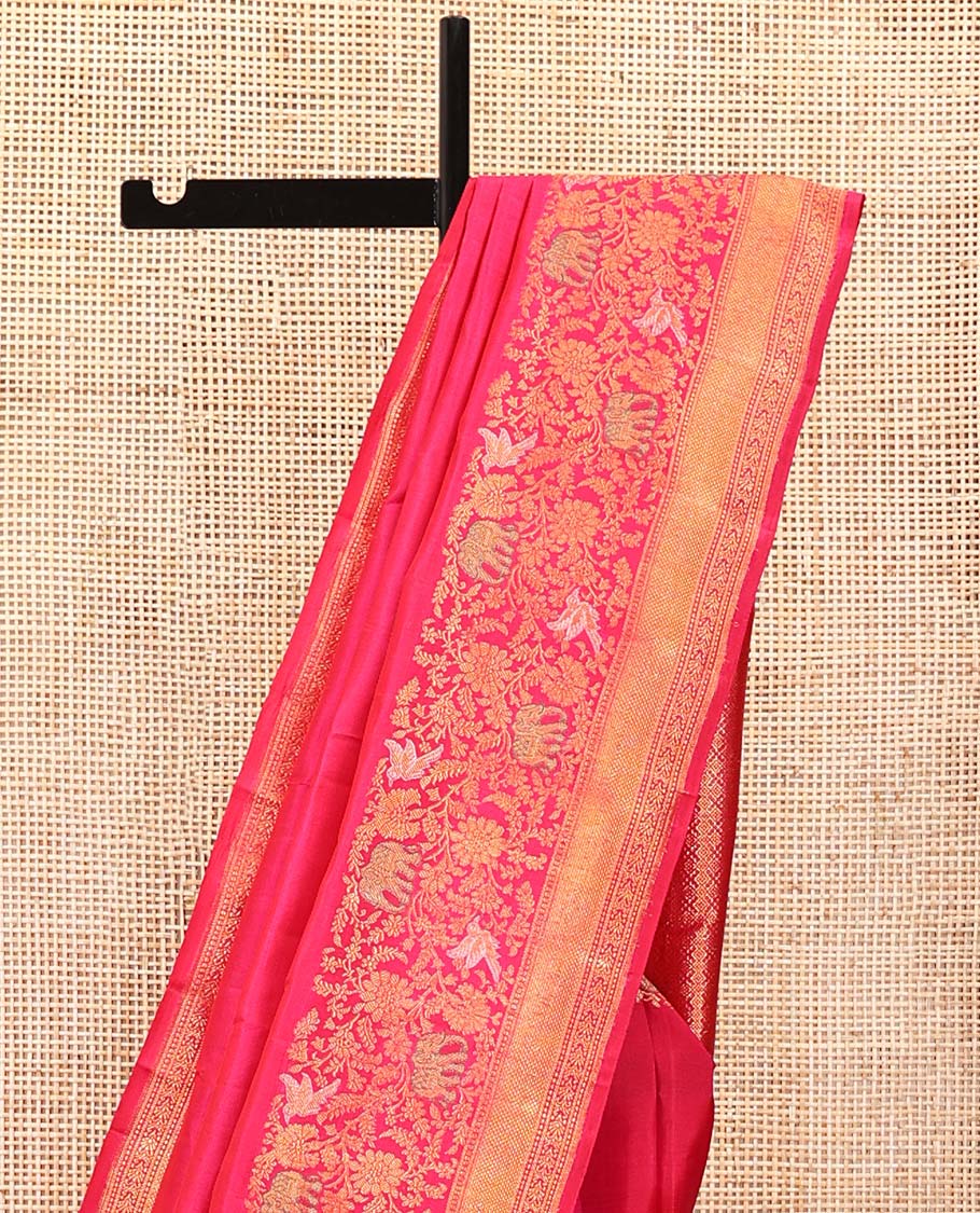 Pink Kanchipuram Designer Silk Saree, Meticulously Woven with Zari Buttas and Flora-Fauna Zari Buttas On Its Body, Highlighted by Traditional Zari Border, Grand Pallu and Paired with a Matching Blouse