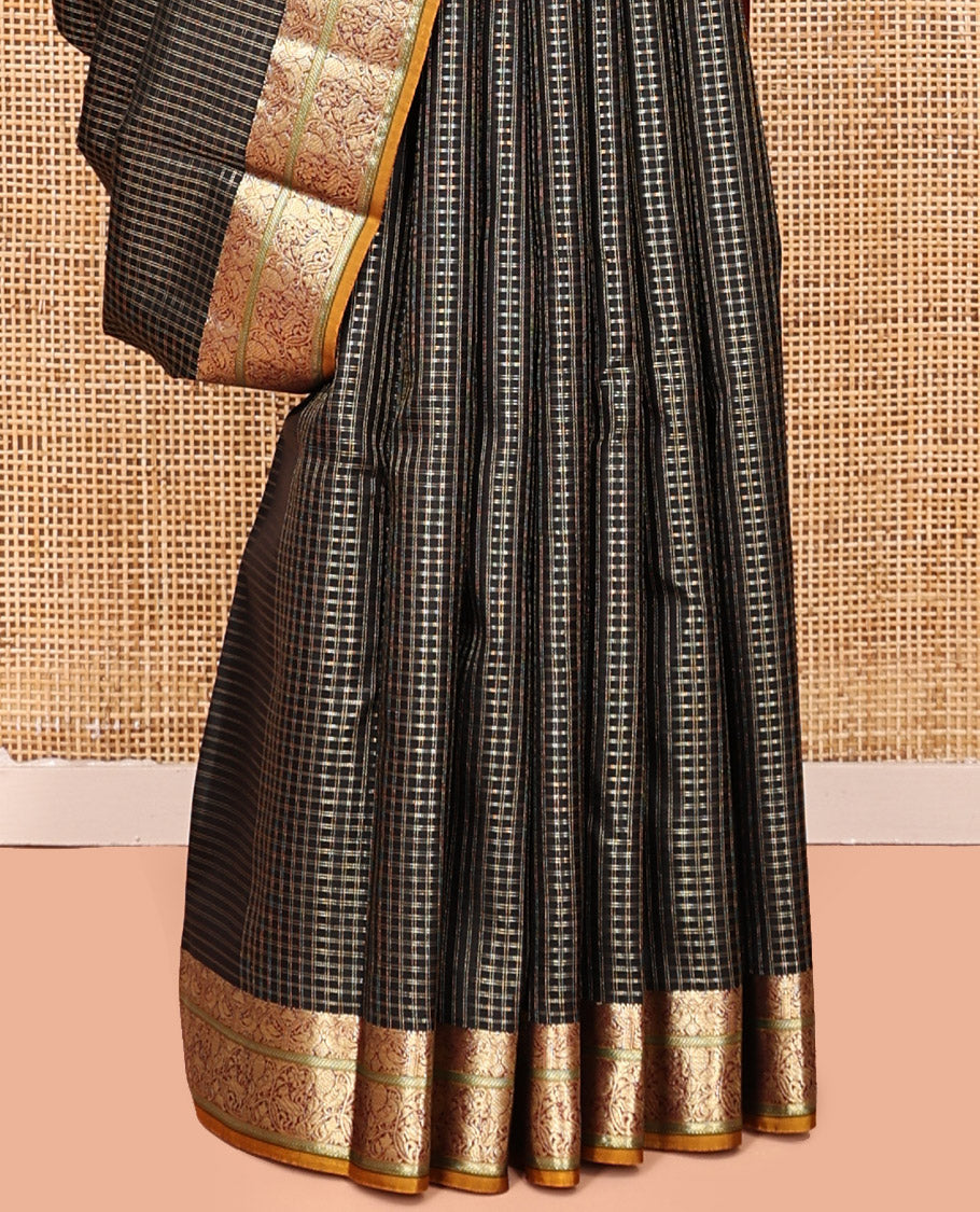 Black Kanchipuram Silk Saree, Detailed with Checks, Contrast Border of Mayil and Yaali Designs, Pallu of Intricate Designs, and a Contrast Blouse