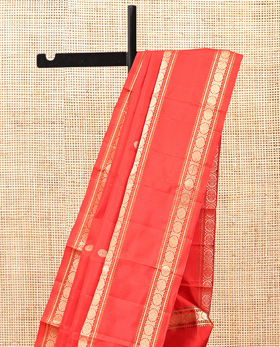 Red Kanchipuram Silk Saree, Woven with Chakram Buttas, a Rettai Pettu Border of Muthu, Banaras, and Cross Kamalam Designs, Mayil-Chakram Pallu, and a Matching Blouse