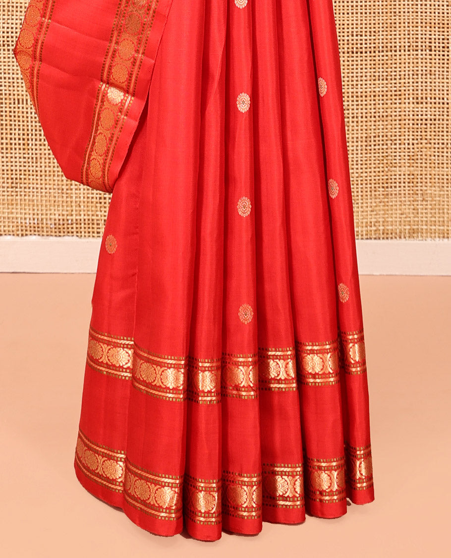 Red Kanchipuram Silk Saree, Woven with Chakram Buttas, a Rettai Pettu Border of Muthu, Banaras, and Cross Kamalam Designs, Mayil-Chakram Pallu, and a Matching Blouse