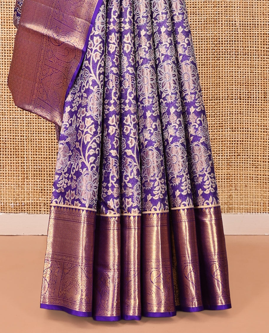 Violet Kanchipuram Tissue Silk Saree, Gracefully Embellished with Floral Jacquard, a Zari Border of Thilakam Mokku, Jaal, and Manga Designs, Diagonal Striped Pallu, and Matching Blouse