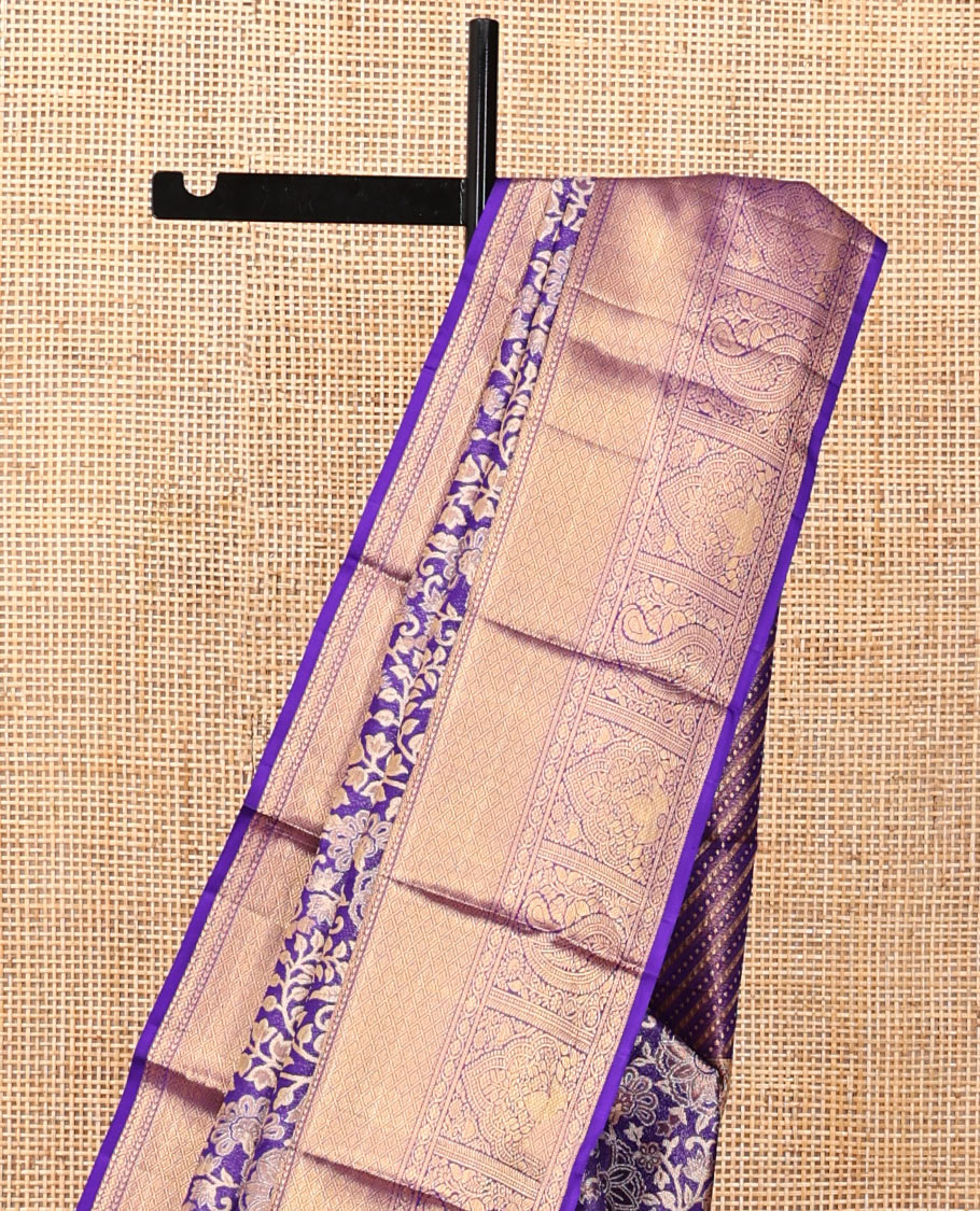 Violet Kanchipuram Tissue Silk Saree, Gracefully Embellished with Floral Jacquard, a Zari Border of Thilakam Mokku, Jaal, and Manga Designs, Diagonal Striped Pallu, and Matching Blouse