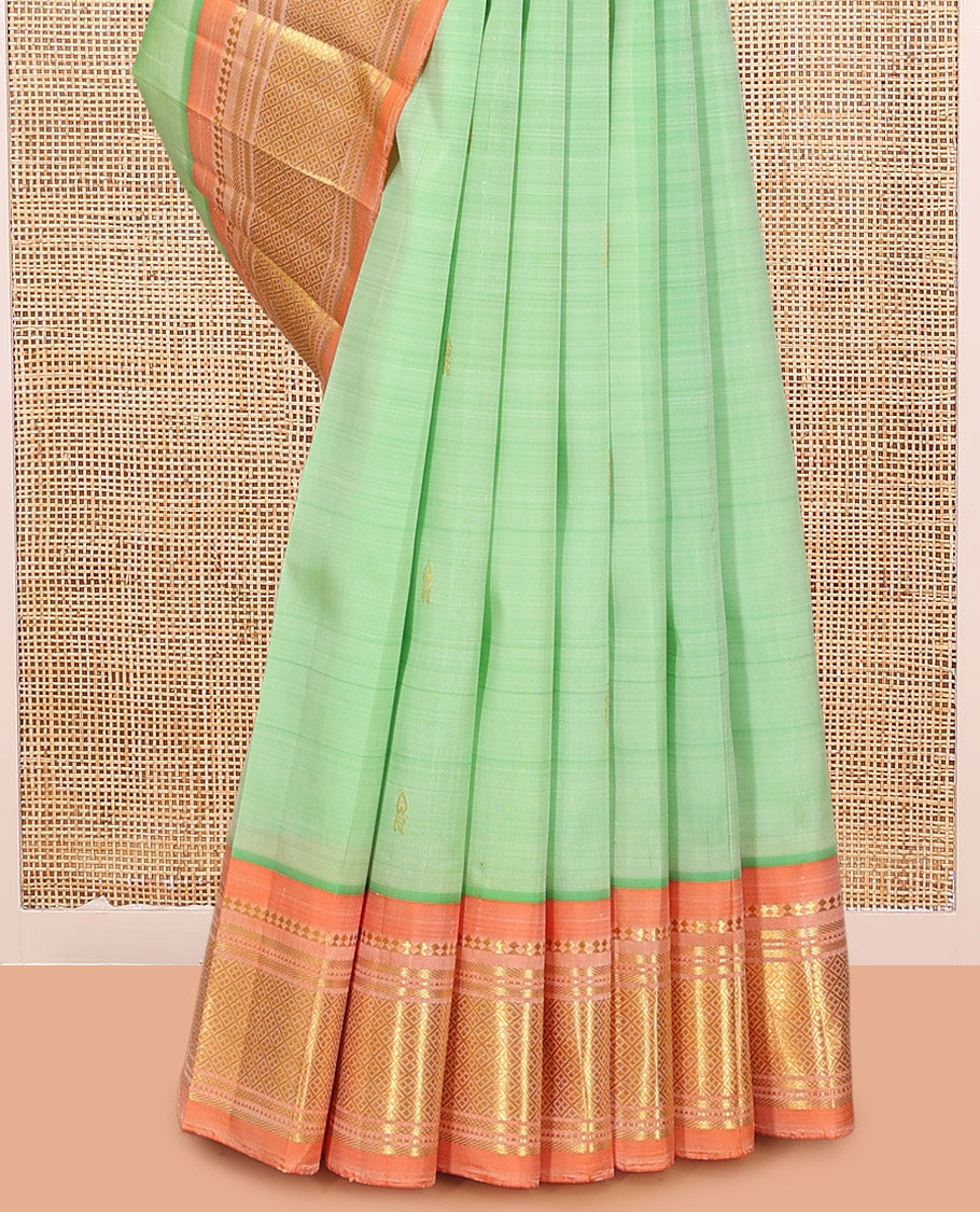Green Zari Buttas Kanchipuram Silk Saree, Complemented by a Contrast Border of Panner Sombu, Muthu, Banaras, and Jaal Design, Pallu of Zari Design, and No Blouse