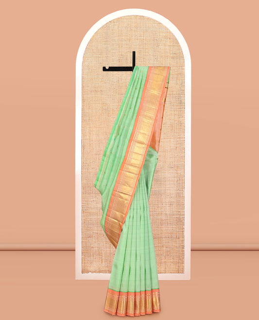 Green Zari Buttas Kanchipuram Silk Saree, Complemented by a Contrast Border of Panner Sombu, Muthu, Banaras, and Jaal Design, Pallu of Zari Design, and No Blouse
