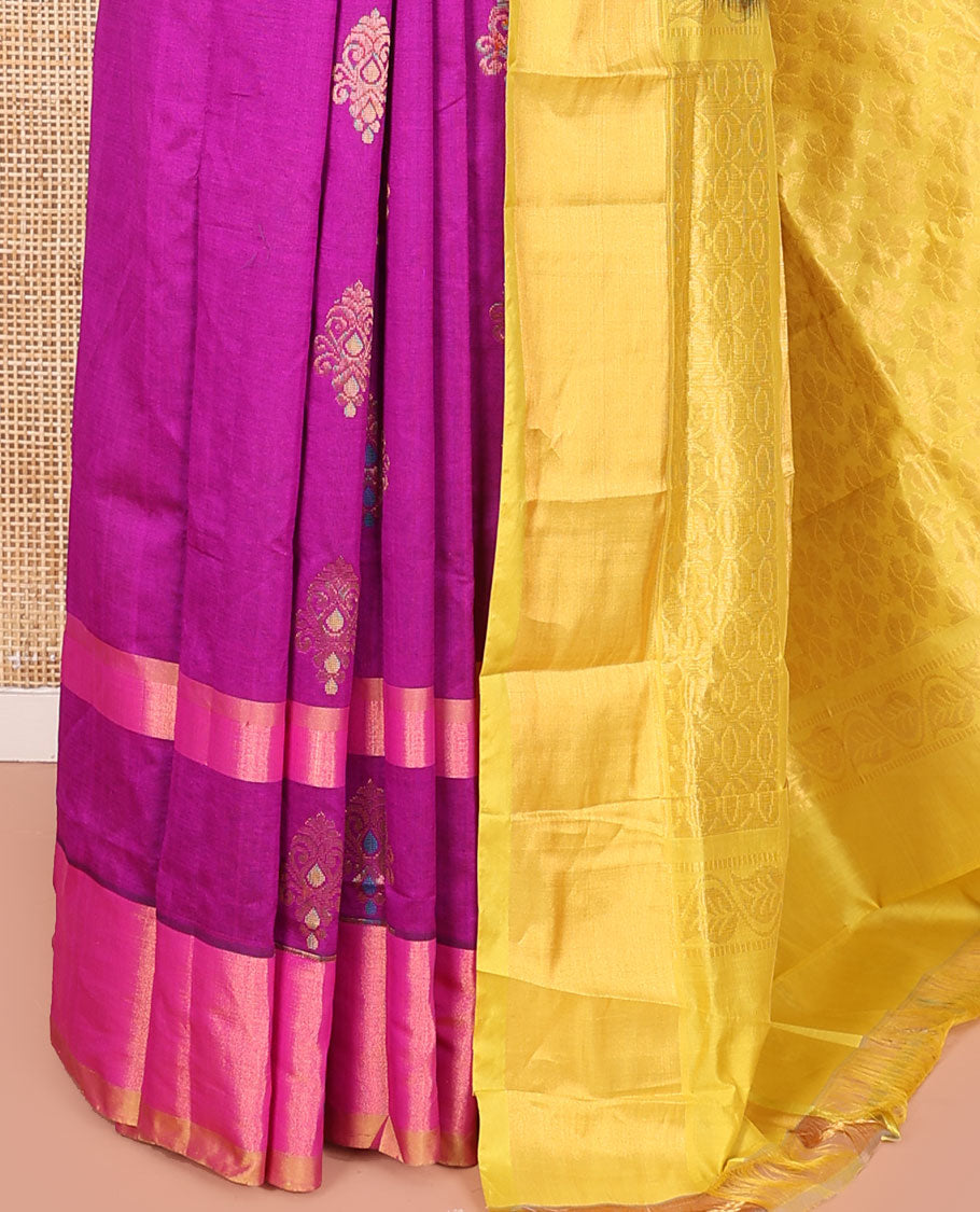 Pink Kuppadam Cotton Saree, Accentuated with Meena Buttas All Over Its Body, Complemented by a Bavanji Border, Captivating Pallu of Floral Designs, and Paired with a Contrast Blouse