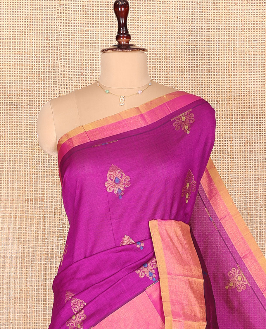 Pink Kuppadam Cotton Saree, Accentuated with Meena Buttas All Over Its Body, Complemented by a Bavanji Border, Captivating Pallu of Floral Designs, and Paired with a Contrast Blouse