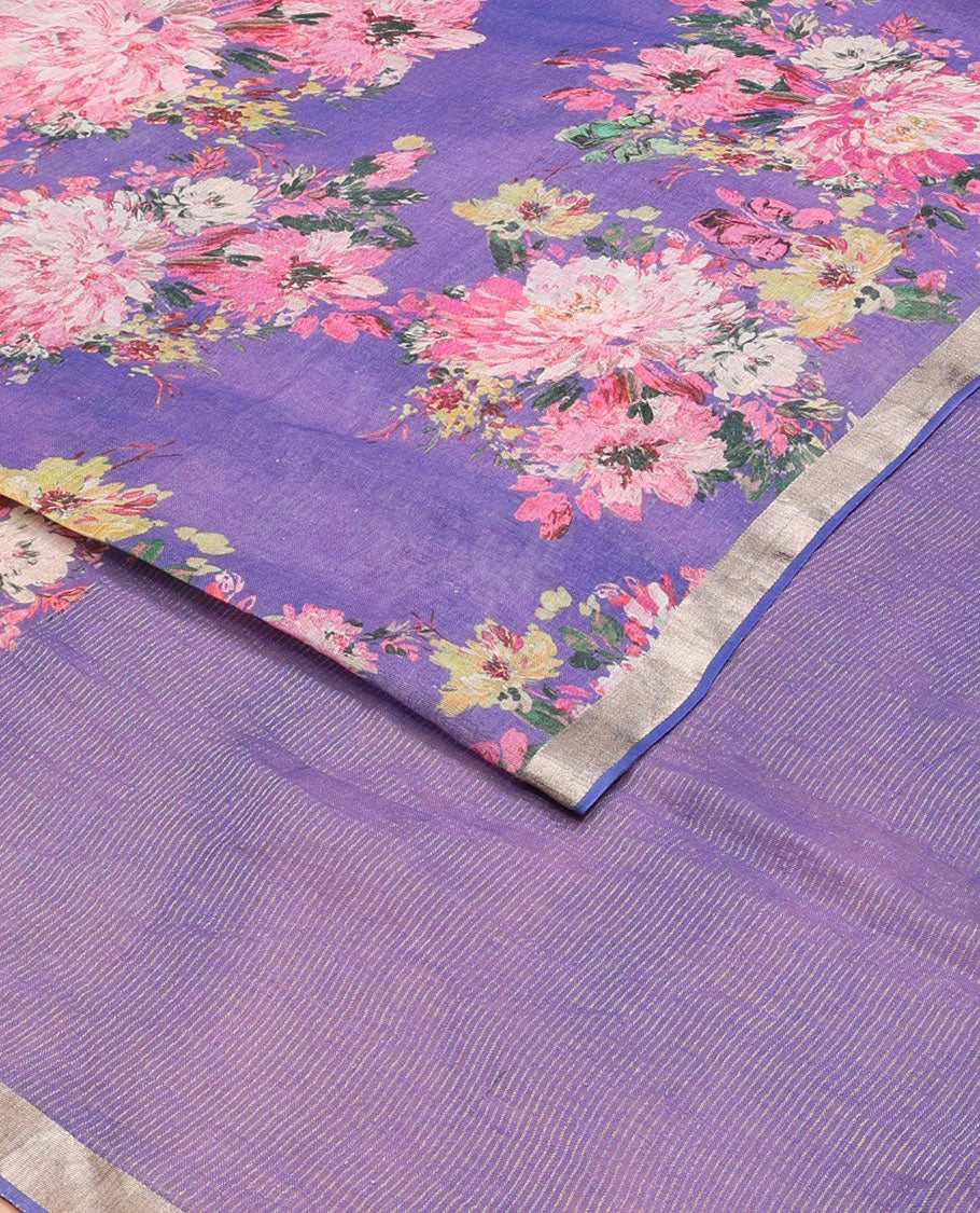 Blue floral motifs printed linen saree, zari border & pallu of stripes