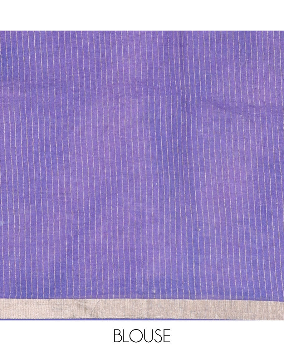 Blue floral motifs printed linen saree, zari border & pallu of stripes